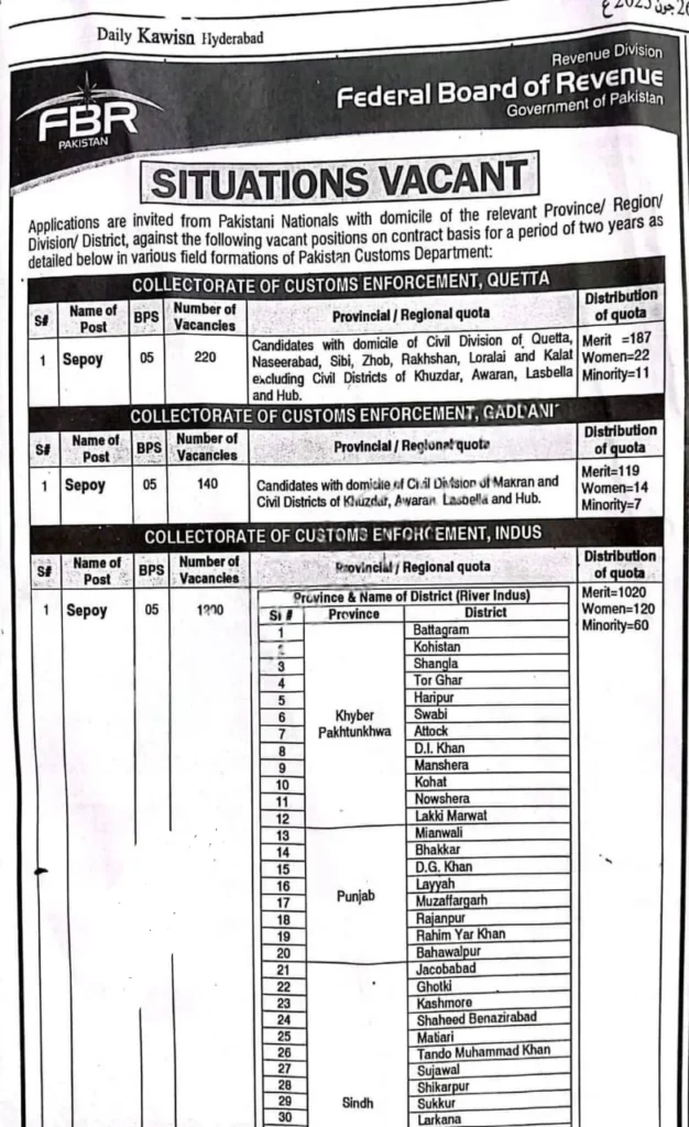 FBR Sepoy Jobs 2025 – Apply Online for BPS-05 Vacancies | Last Date: 15 July 2025 