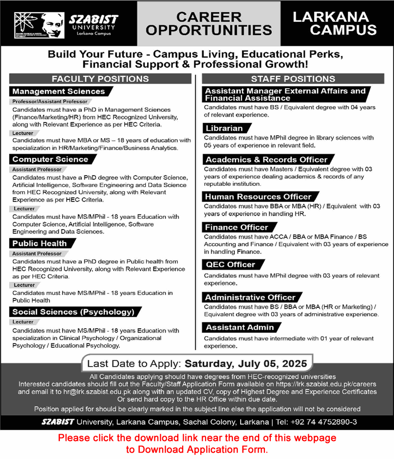 Career Opportunities at SZABIST University Larkana Campus | Apply by July 5, 2025 📅
