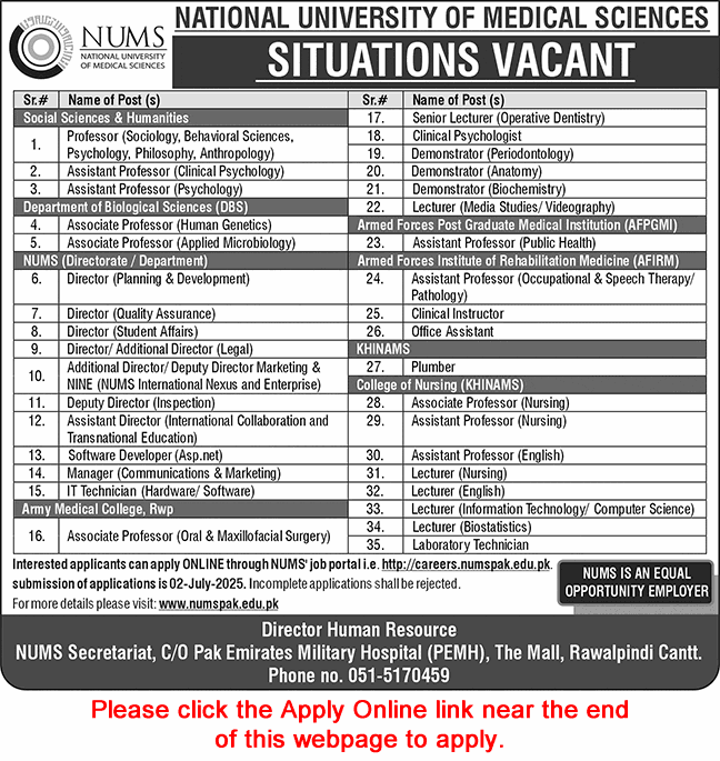 National University of Medical Sciences (NUMS) Jobs 2025