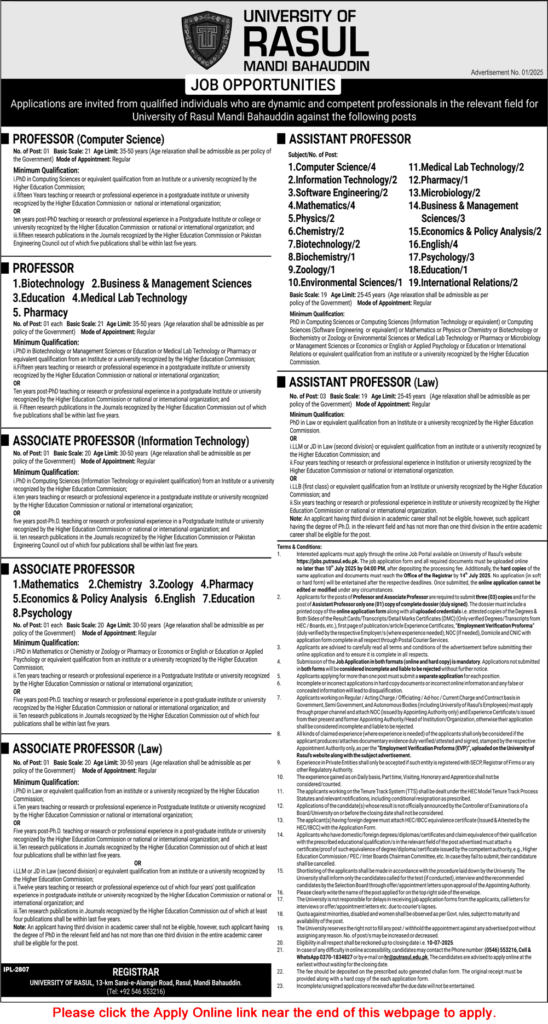 Rasul University Jobs 2025 | Apply Online Now β Professors, Associate Professors & Assistant Professors Vacancies