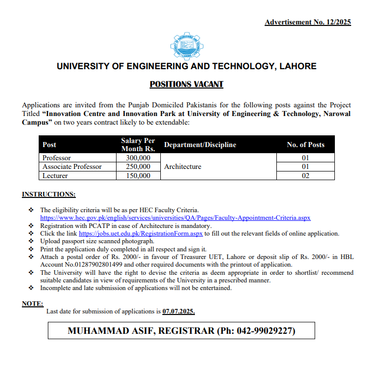 University of Engineering and Technology (UET) Narowal Jobs 2025 β Apply Now!